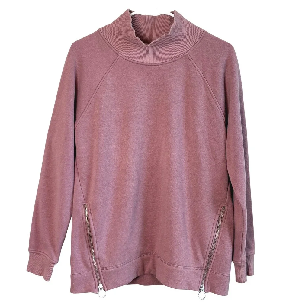 Athleta Mock Neck Side Zip Sweatshirt Mauve Womens Small Pullover Fleece Pockets - Picture 1 of 9